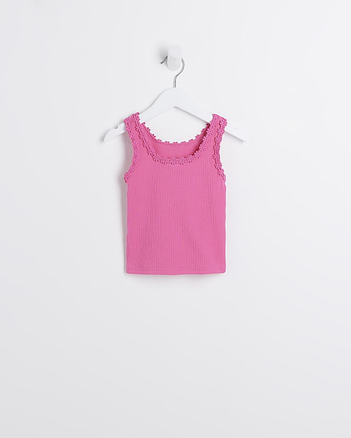 Mini Girls pink flower trim vest top