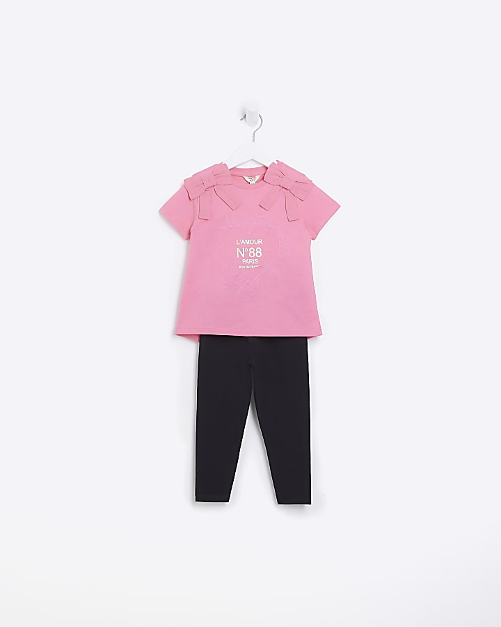 Mini girls pink foil bow t-shirt set