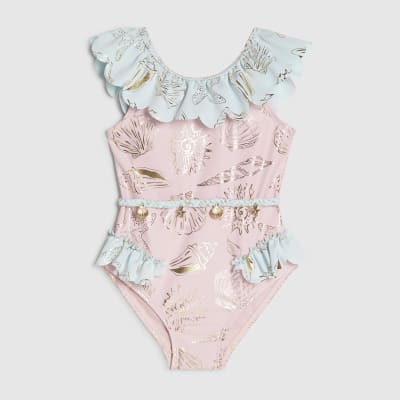 Mini Girls Pink Foiled Frill Swimsuit