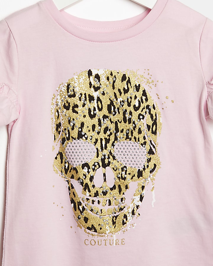 Mini girls pink frill animal skull t-shirt