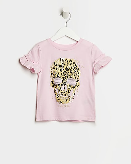 Mini girls pink frill animal skull t-shirt