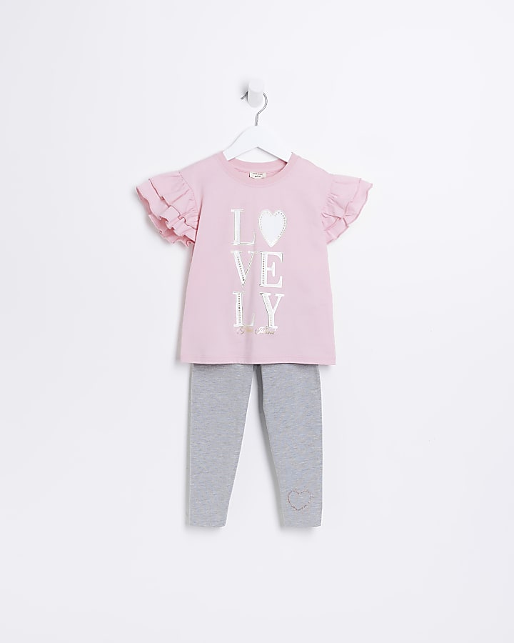 Mini girls pink frill graphic t-shirt set