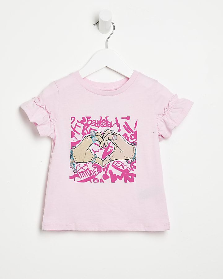 Mini girls pink frill heart hands t-shirt