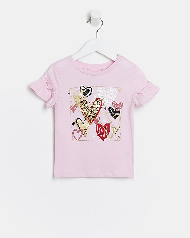 Mini girls pink frill heart print t-shirt