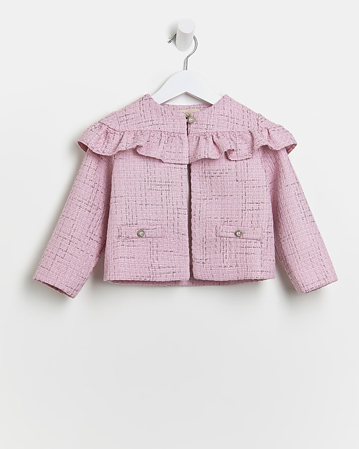 Mini girls pink frill sleeve boucle jacket