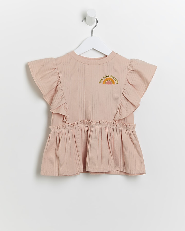 Mini girls pink frill sleeve t-shirt