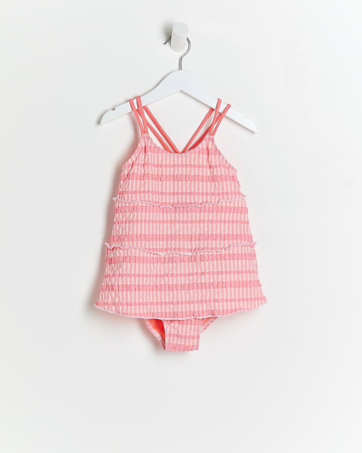 Mini girls pink gingham swim dress set