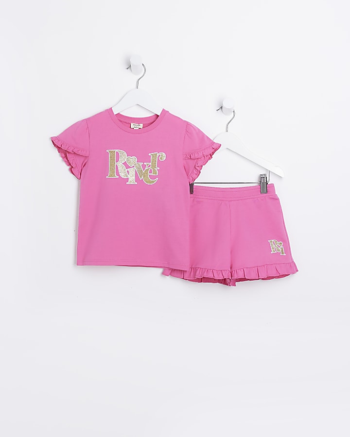 Mini Girls Pink Glitter Frill Shorts Outfit