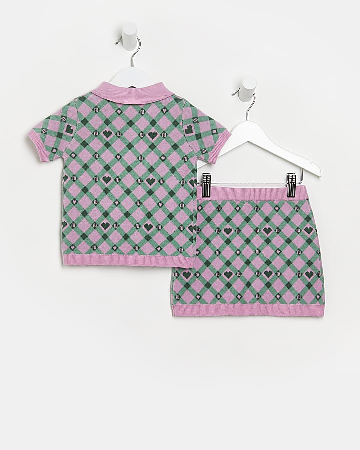 Mini girls pink heart check skirt outfit