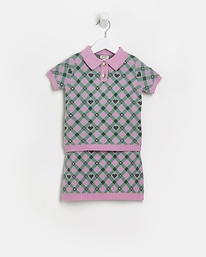 Mini girls pink heart check skirt outfit