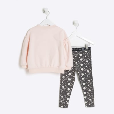 Mini girls pink heart embossed sweatshirt set | River Island