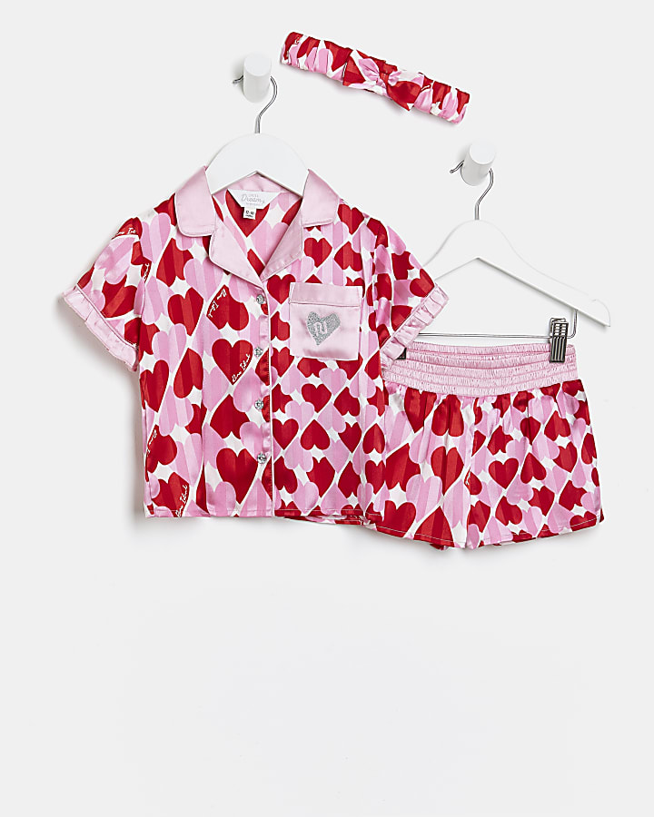 Mini girls pink heart satin pyjama boxed set