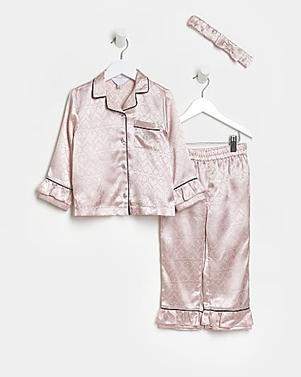 Mini girls Pink Heart Satin pyjama set