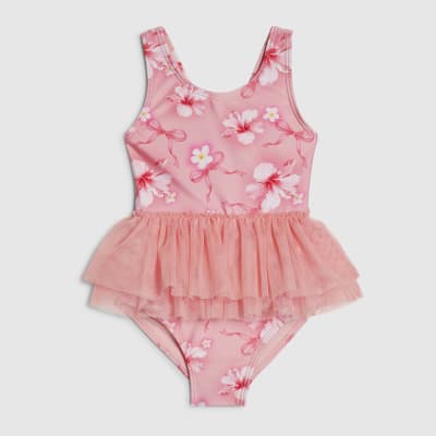Mini Girls Pink Hibiscus Bow Tutu Swimsuit
