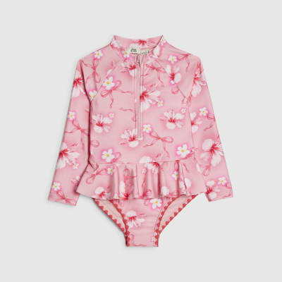 Mini Girls Pink Hibiscus Long Sleeve Swimsuit