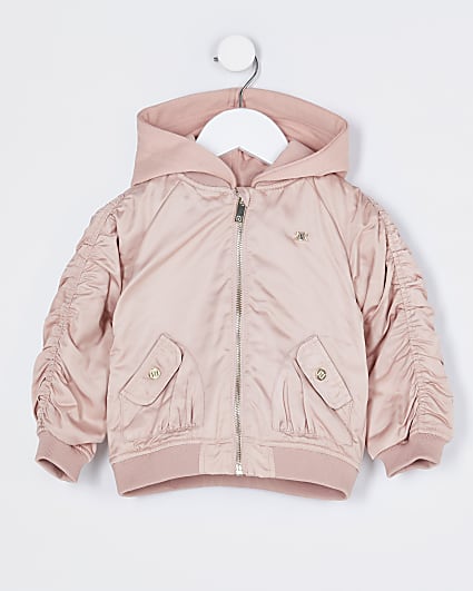Mini girls pink hooded ruched bomber jacket