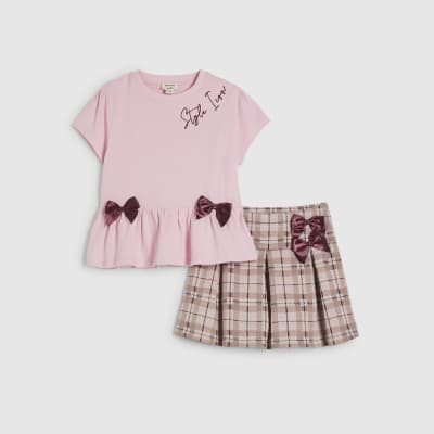 Mini Girls Pink Hybrid Check Skirt Set