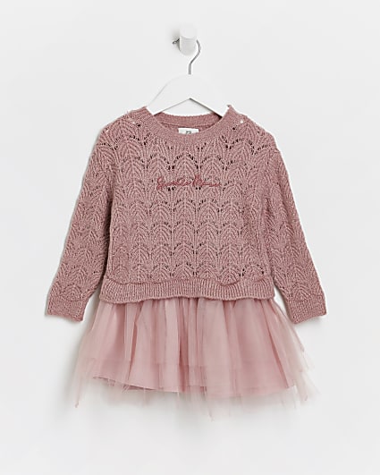 Mini girls pink knit jumper and mesh dress