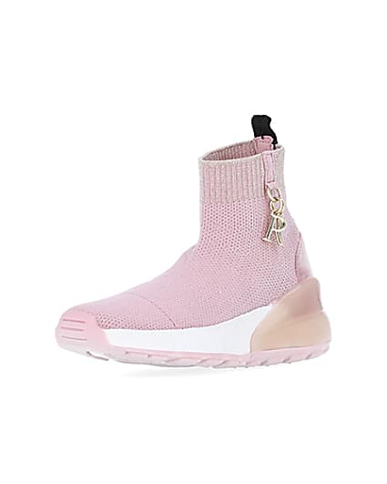 360 degree animation of product Mini girls pink knit sock high top trainers frame-0