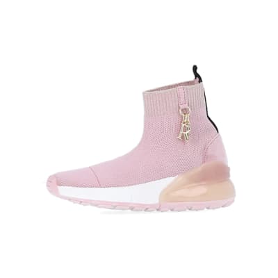 360 degree animation of product Mini girls pink knit sock high top trainers frame-2