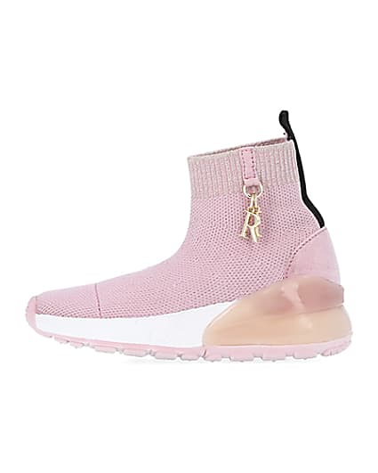 360 degree animation of product Mini girls pink knit sock high top trainers frame-3