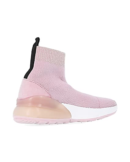 360 degree animation of product Mini girls pink knit sock high top trainers frame-13