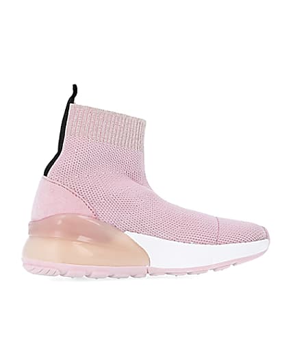 360 degree animation of product Mini girls pink knit sock high top trainers frame-14