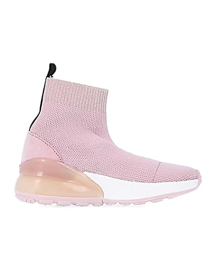 360 degree animation of product Mini girls pink knit sock high top trainers frame-15