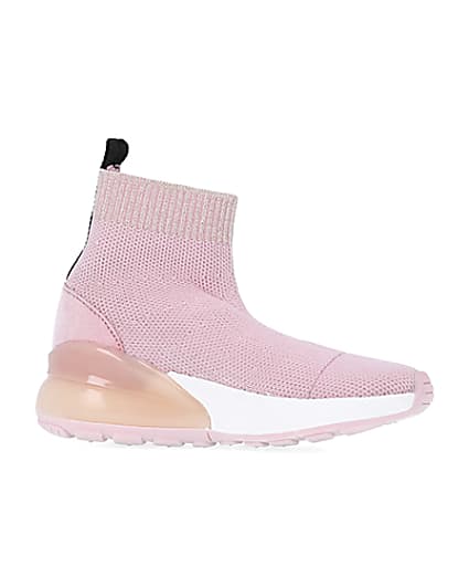 360 degree animation of product Mini girls pink knit sock high top trainers frame-16