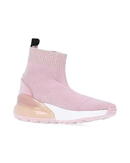 360 degree animation of product Mini girls pink knit sock high top trainers frame-17