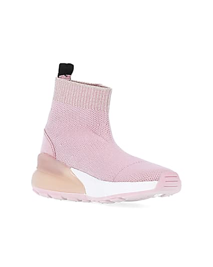 360 degree animation of product Mini girls pink knit sock high top trainers frame-18