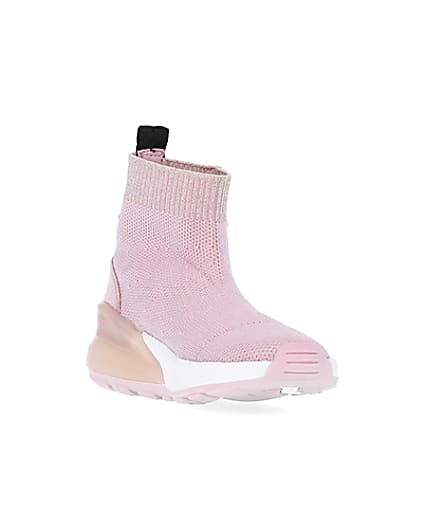 360 degree animation of product Mini girls pink knit sock high top trainers frame-19