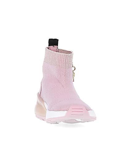 360 degree animation of product Mini girls pink knit sock high top trainers frame-20