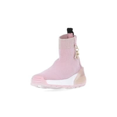 360 degree animation of product Mini girls pink knit sock high top trainers frame-23