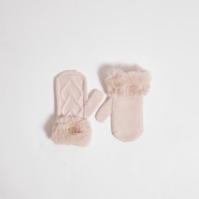 Mini Girls Pink Knitted Faux Fur Mittens