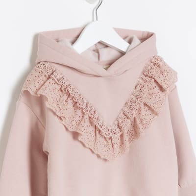 Mini girls pink lace detail hoodie River Island