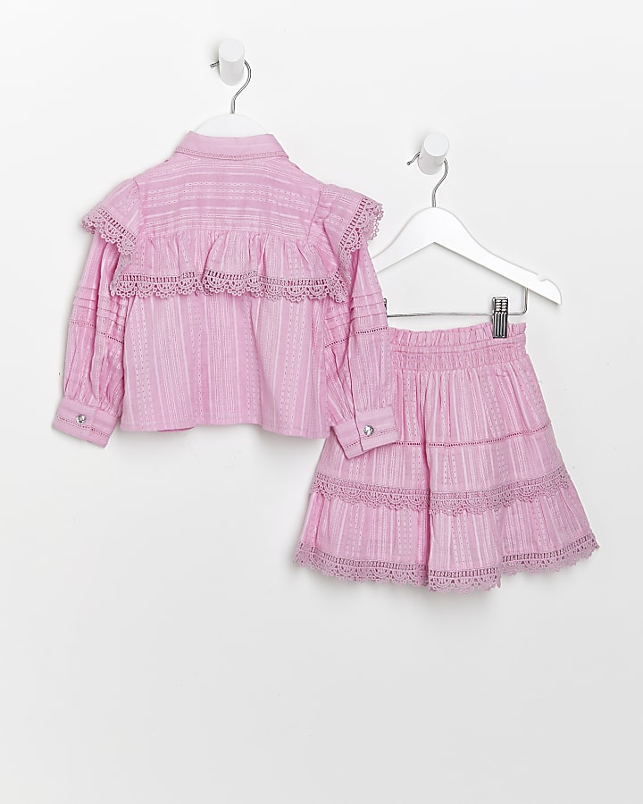 Mini girls pink lace trim frill shirt outfit