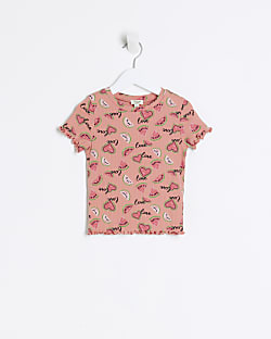Mini girls pink lettuce hem printed t-shirt