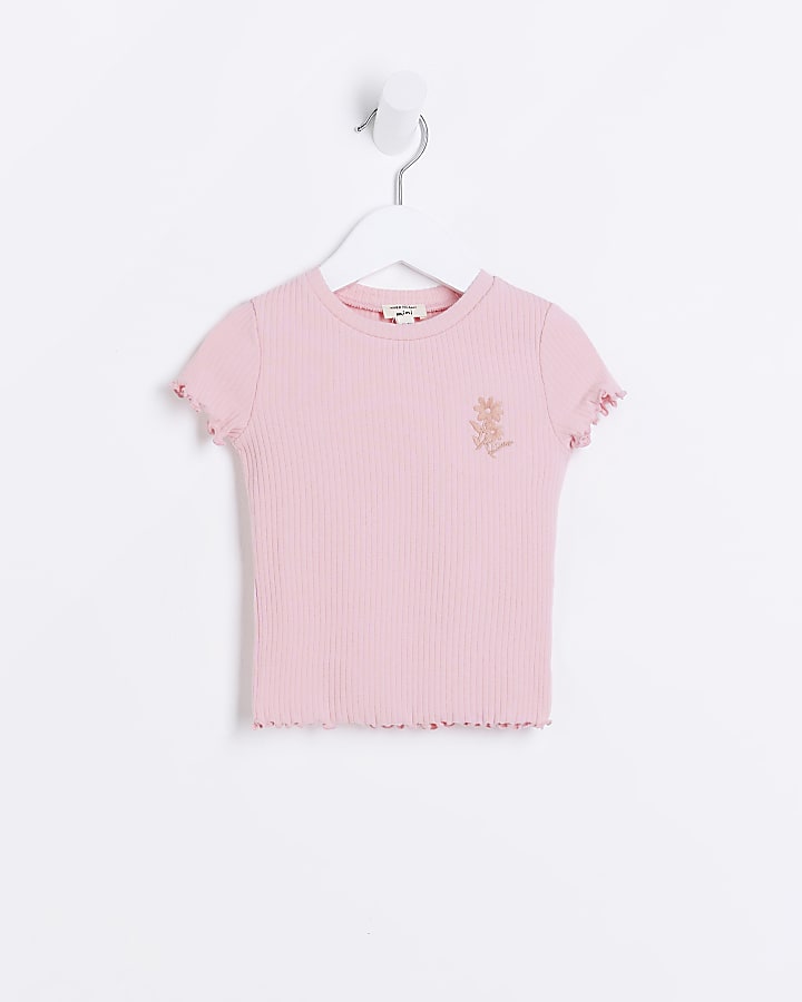 Mini Girls Pink Lettuce Hem T-shirt