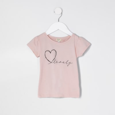 Mini girls pink 'Lovely' t-shirt | River Island