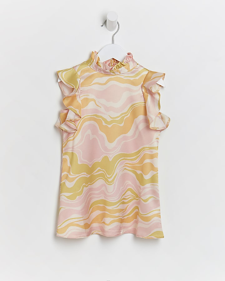 Mini girls pink marble print frill dress