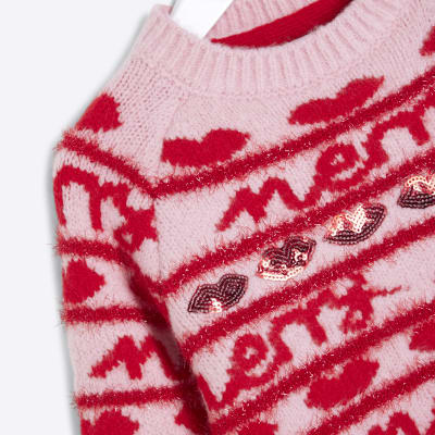 Mini Girls Pink Merry Christmas Jumper River Island