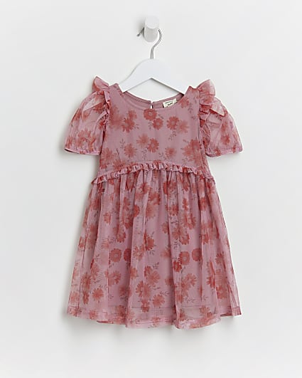 Mini girls pink mesh floral frill tea dress
