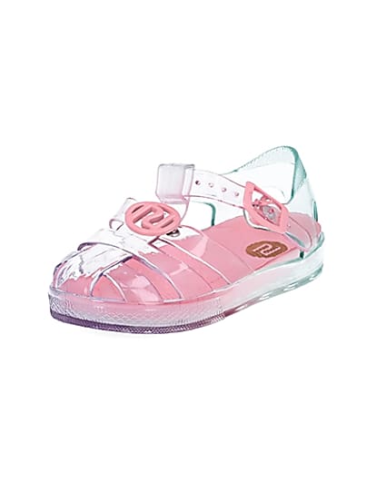 360 degree animation of product Mini girls pink pastel rainbow jelly sandals frame-0
