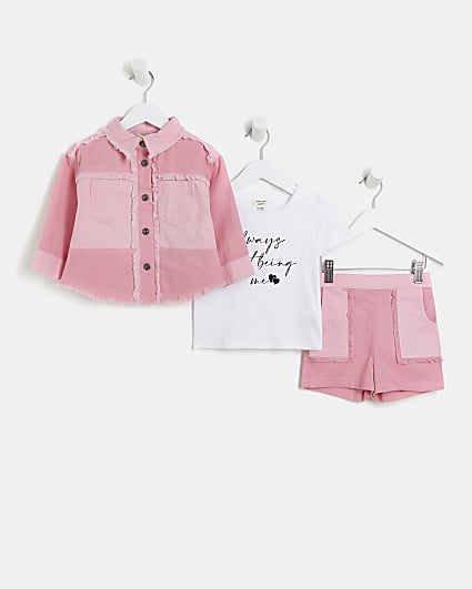 Mini girls pink patchwork shirt coord set