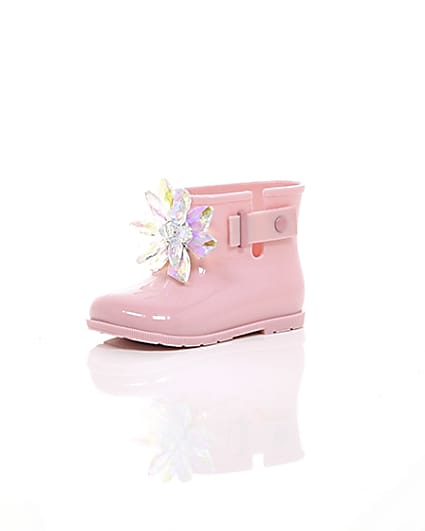360 degree animation of product Mini girls pink patent 3D embellished wellies frame-0