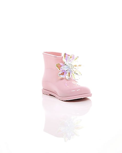 360 degree animation of product Mini girls pink patent 3D embellished wellies frame-6
