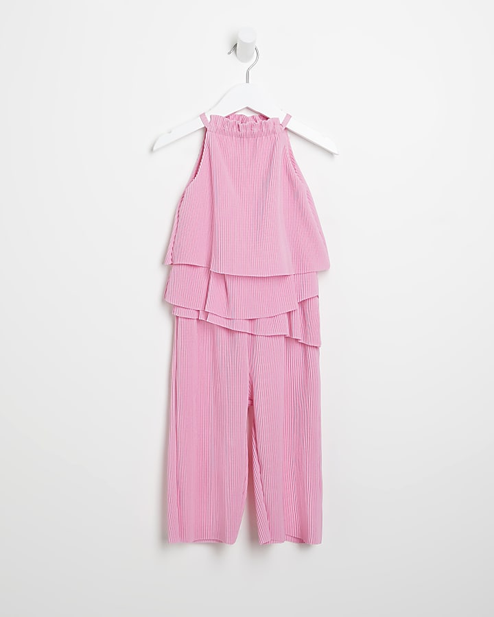 Mini girls pink plisse layered jumpsuit