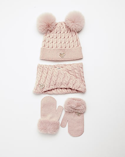 Mini girls Pink Pom Pom hat and mittens set