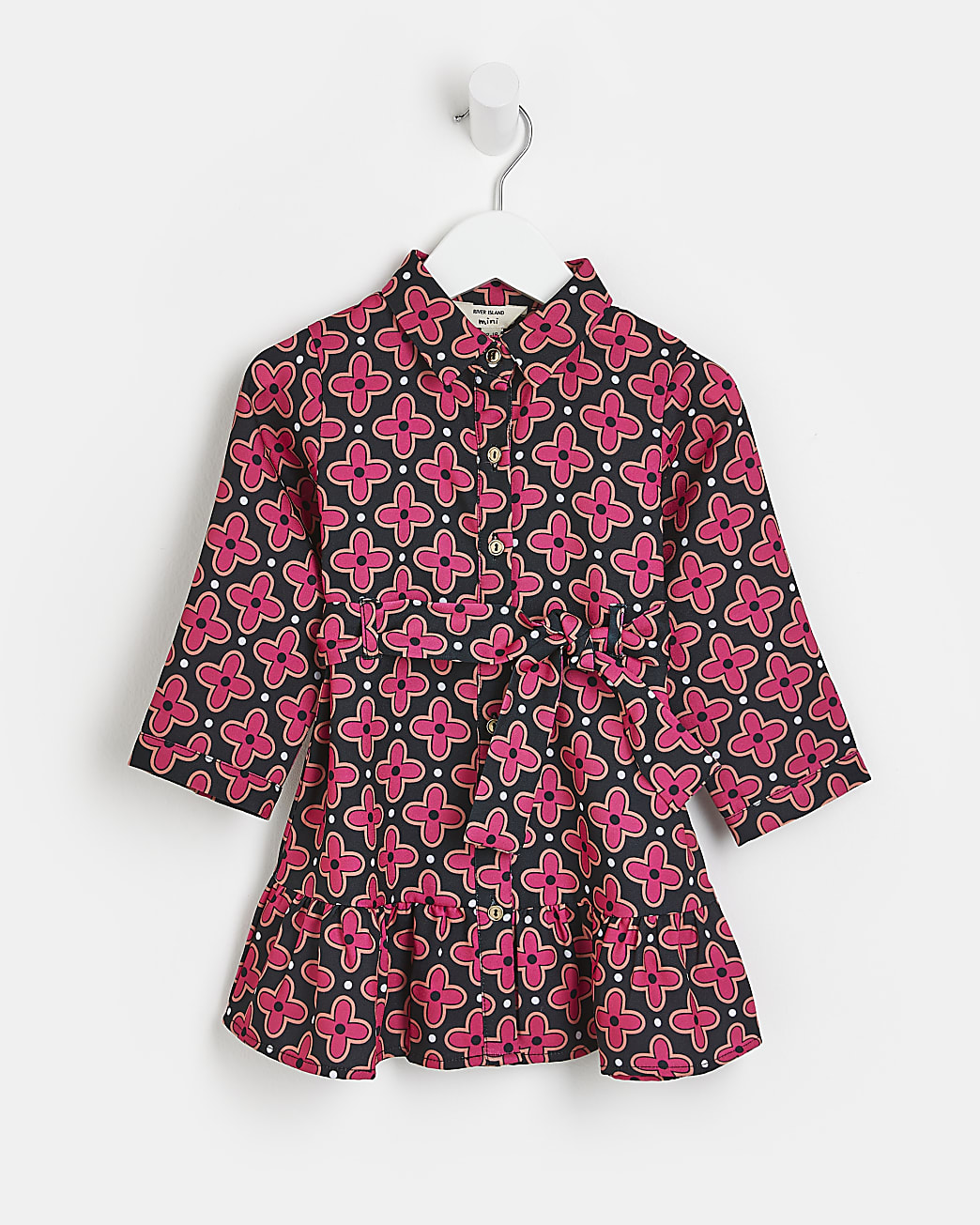 Mini girls pink print frill hem shirt dress